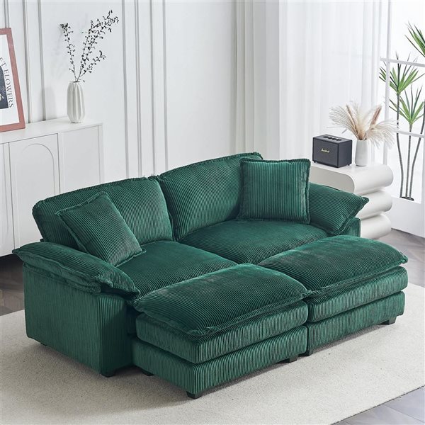 Clihome Green Corduroy Modern Sofa with Ottoman