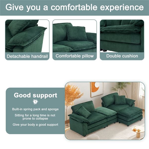 Clihome Green Corduroy Modern Sofa with Ottoman