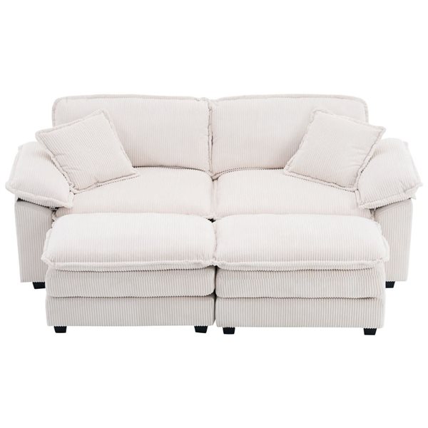 Clihome White Corduroy Modern Sofa with Ottoman
