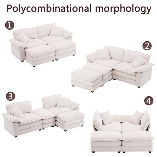 Clihome White Corduroy Modern Sofa with Ottoman