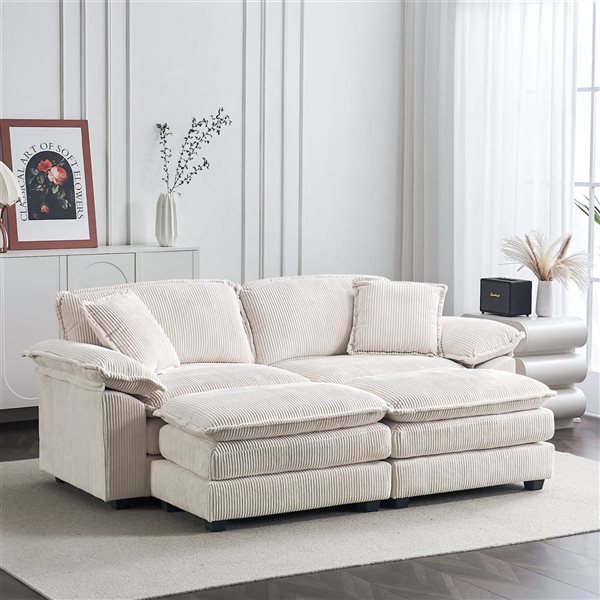 Clihome White Corduroy Modern Sofa with Ottoman