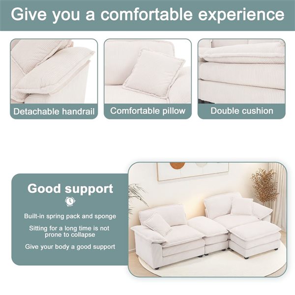 Clihome White Corduroy Modern Sofa with Ottoman