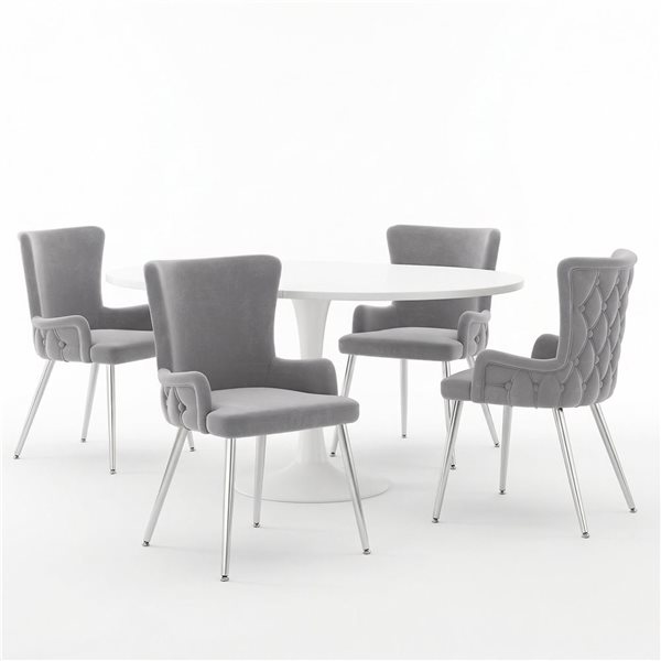 Clihome Grey Dining Room Set with Extendable Round Dining Table and White Velvet Tufted Chairs - 5-Piece