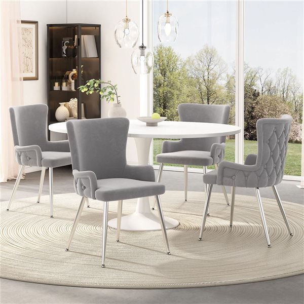 Clihome Grey Dining Room Set with Extendable Round Dining Table and White Velvet Tufted Chairs - 5-Piece