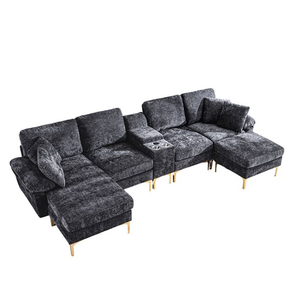 Clihome Grey Chenille Fabric U-Shaped Sectional Sofa with Single Chair and Removable Footstool