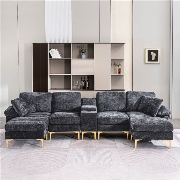 Clihome Grey Chenille Fabric U-Shaped Sectional Sofa with Single Chair and Removable Footstool