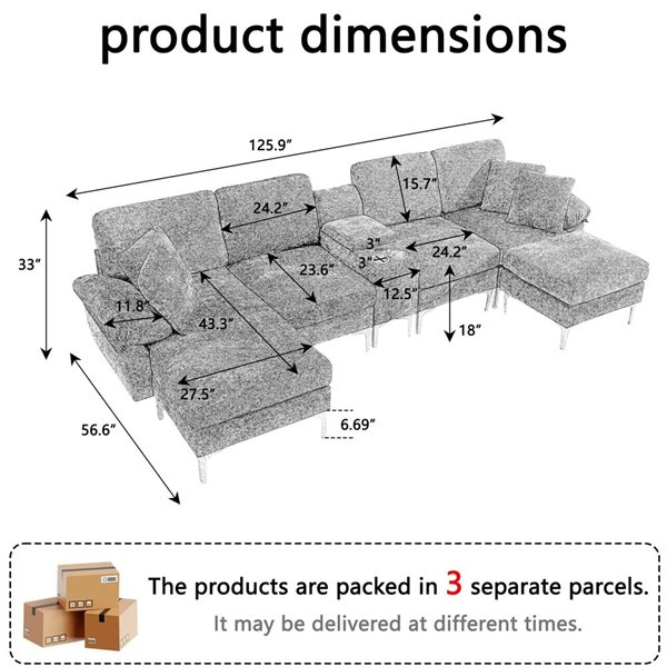 Clihome Grey Chenille Fabric U-Shaped Sectional Sofa with Single Chair and Removable Footstool