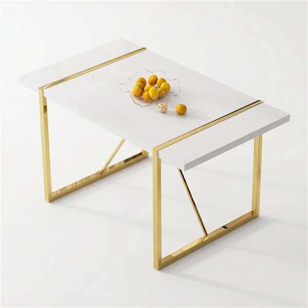 Clihome White Minimalist Retro Rectangular Fixed Composite Dining Table with Gold Pedestal Base