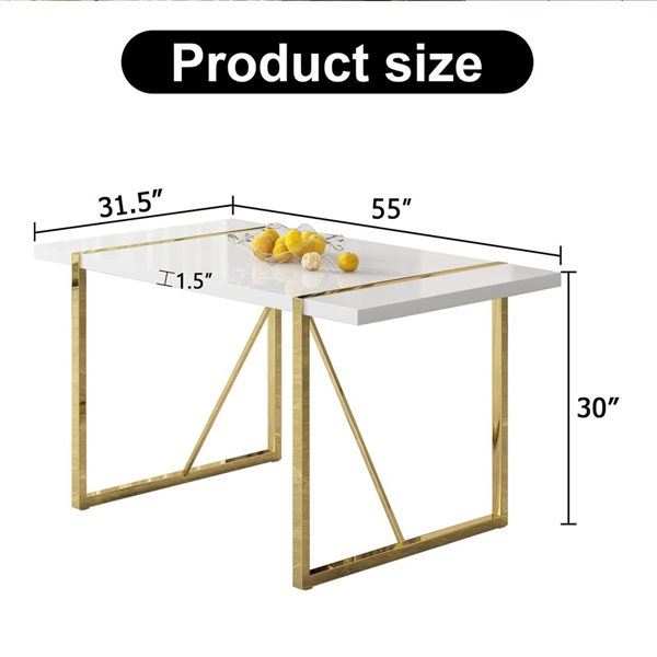 Clihome White Minimalist Retro Rectangular Fixed Composite Dining Table with Gold Pedestal Base