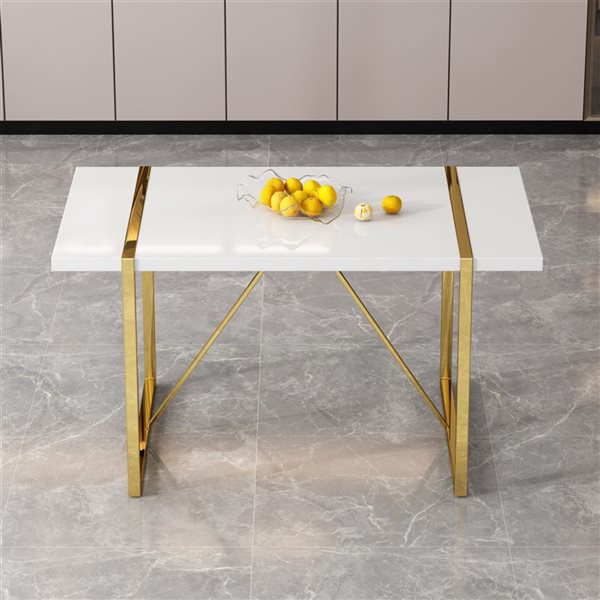 Clihome White Minimalist Retro Rectangular Fixed Composite Dining Table with Gold Pedestal Base