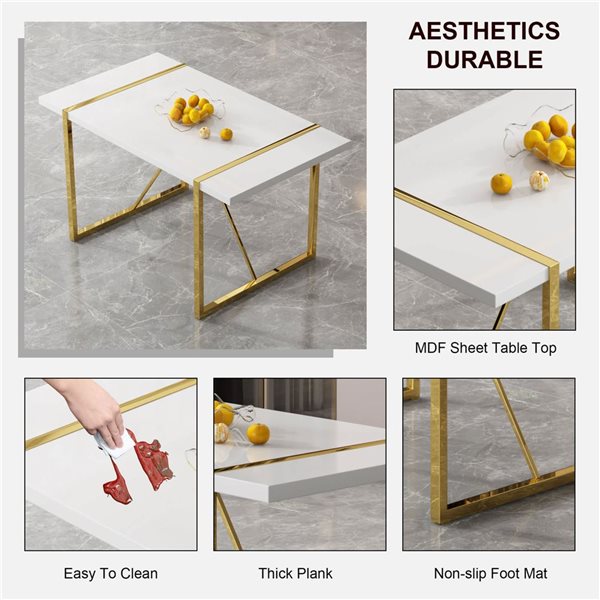 Clihome White Minimalist Retro Rectangular Fixed Composite Dining Table with Gold Pedestal Base