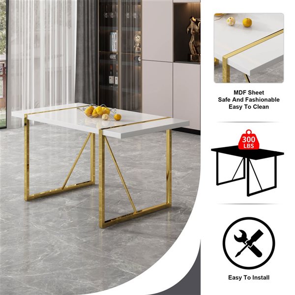 Clihome White Minimalist Retro Rectangular Fixed Composite Dining Table with Gold Pedestal Base