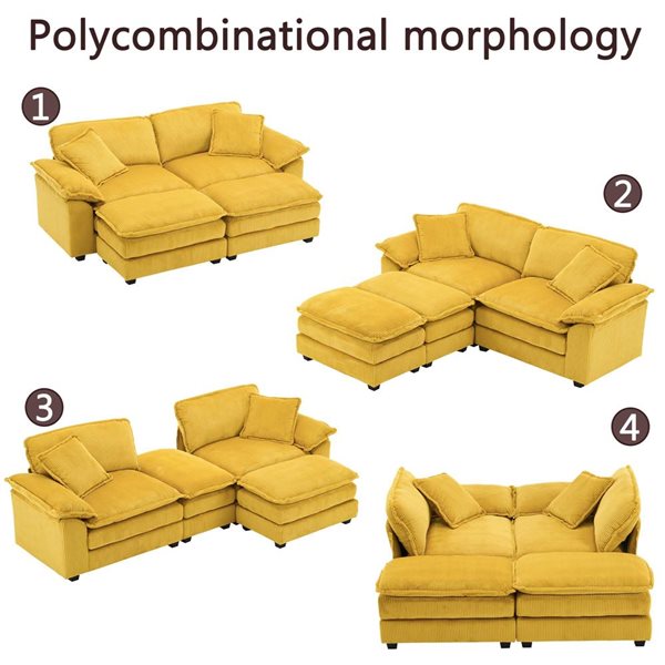 Clihome Yellow Corduroy Modern Sofa with Ottoman