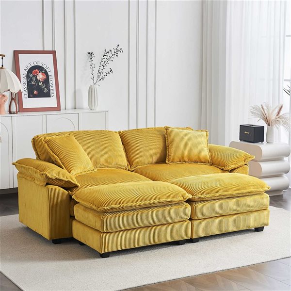 Clihome Yellow Corduroy Modern Sofa with Ottoman