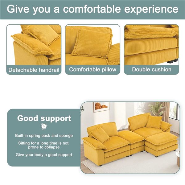 Clihome Yellow Corduroy Modern Sofa with Ottoman