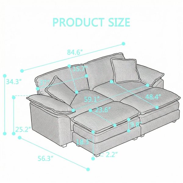 Clihome Yellow Corduroy Modern Sofa with Ottoman