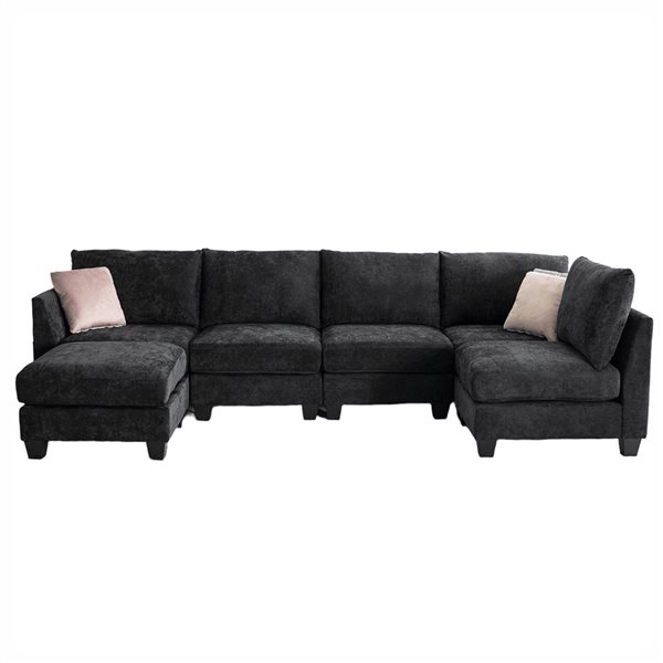 Clihome Black Linen U-Shaped 6-Seater Modular Sectional Sofa with Storage Ottoman and USB Port