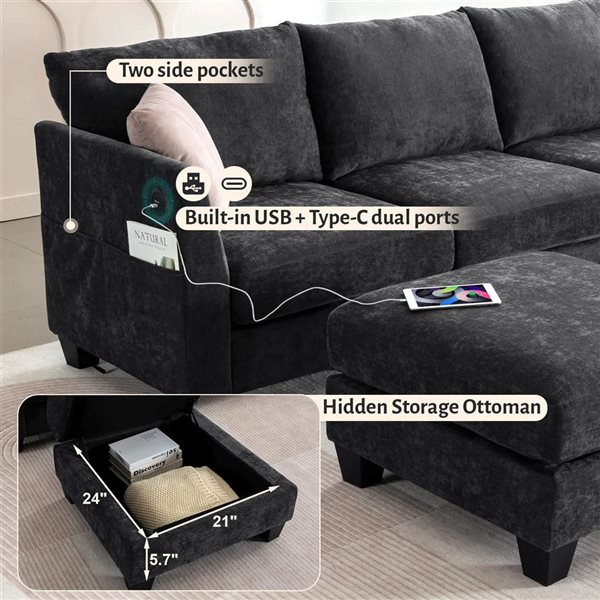 Clihome Black Linen U-Shaped 6-Seater Modular Sectional Sofa with Storage Ottoman and USB Port