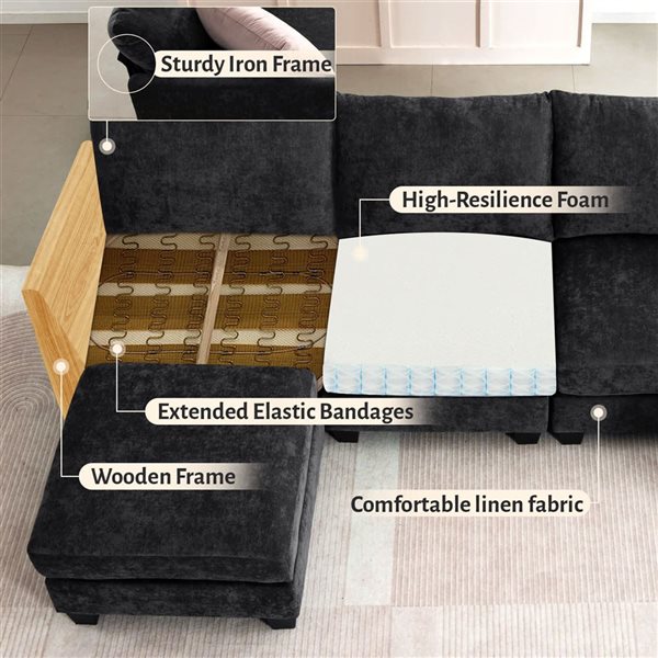 Clihome Black Linen U-Shaped 6-Seater Modular Sectional Sofa with Storage Ottoman and USB Port