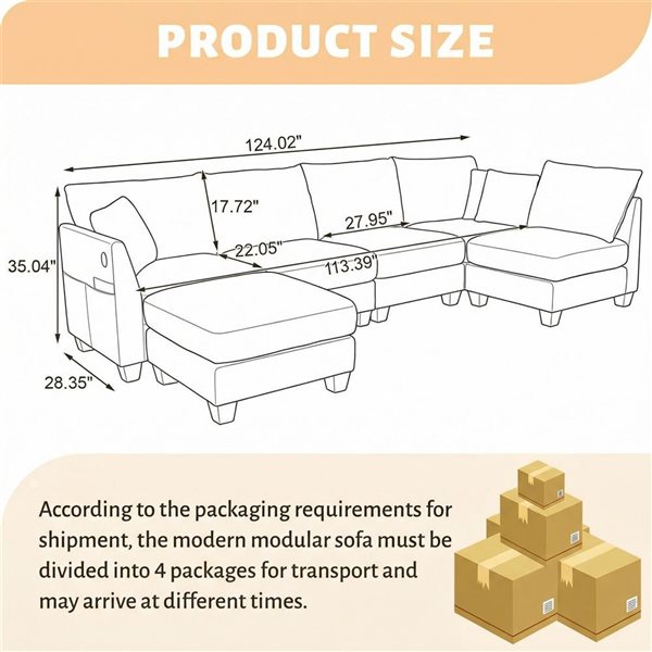 Clihome Black Linen U-Shaped 6-Seater Modular Sectional Sofa with Storage Ottoman and USB Port