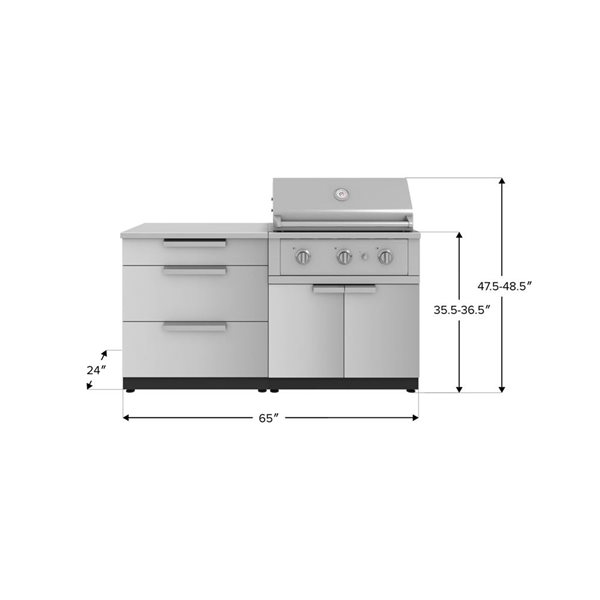NewAge Products 4-Pcs Modular Outdoor Kitchen Set 64x24x48.5-in w 3-Burner Natural Gas Barbecue - Stainless Steel