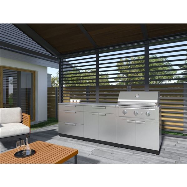 NewAge Products 4-Pcs Modular Outdoor Kitchen Set 64x24x48.5-in w 3-Burner Natural Gas Barbecue - Stainless Steel