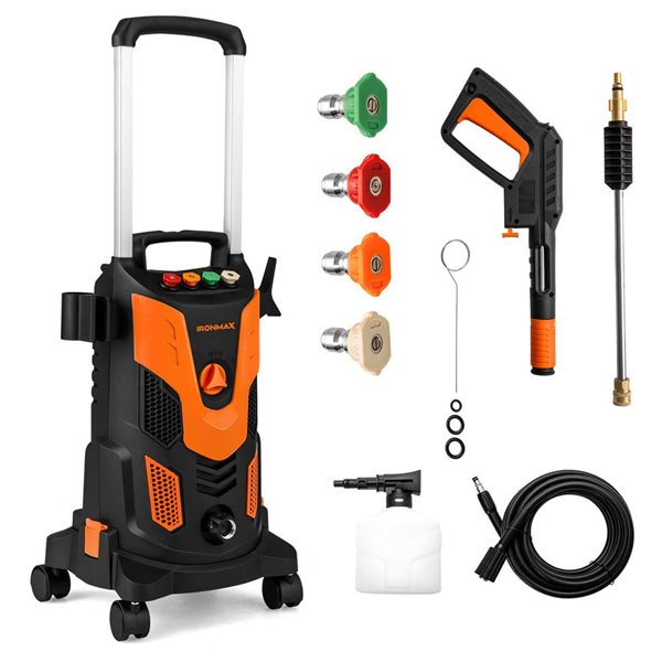 Costway Ironmax Orange Electric Pressure Washer with 4 Nozzles, Soap Bottle and Lockable Wheels