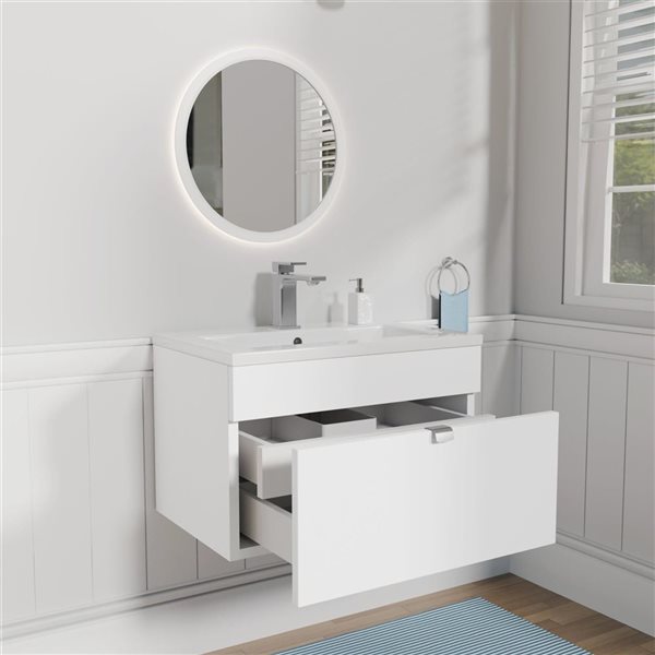 Loft 24 in. W x 16 in. D x 15 in. H Wall Mount Single Sink Bathroom Vanity in White with Chrome Handle