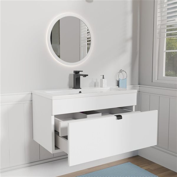 Loft 30 in. W x 16 in. D x 15 in. H Wall Mount Single Sink Bathroom Vanity in White with Black Handle