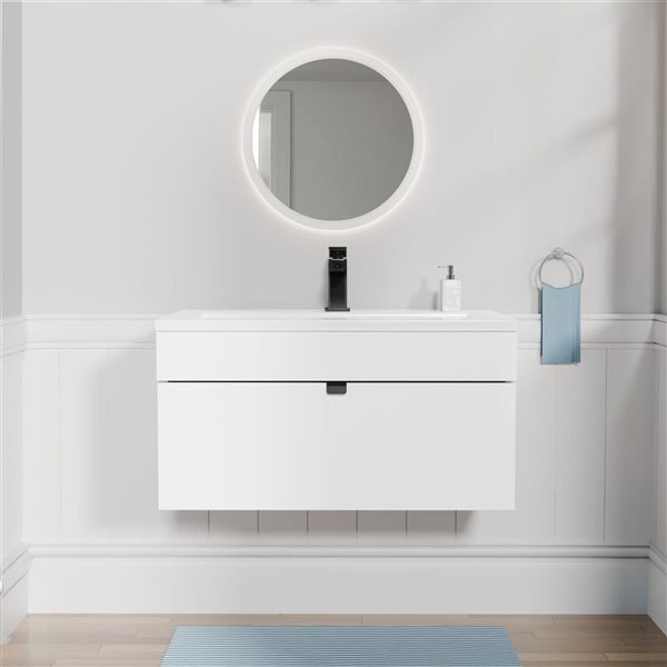 Loft 30 in. W x 16 in. D x 15 in. H Wall Mount Single Sink Bathroom Vanity in White with Black Handle