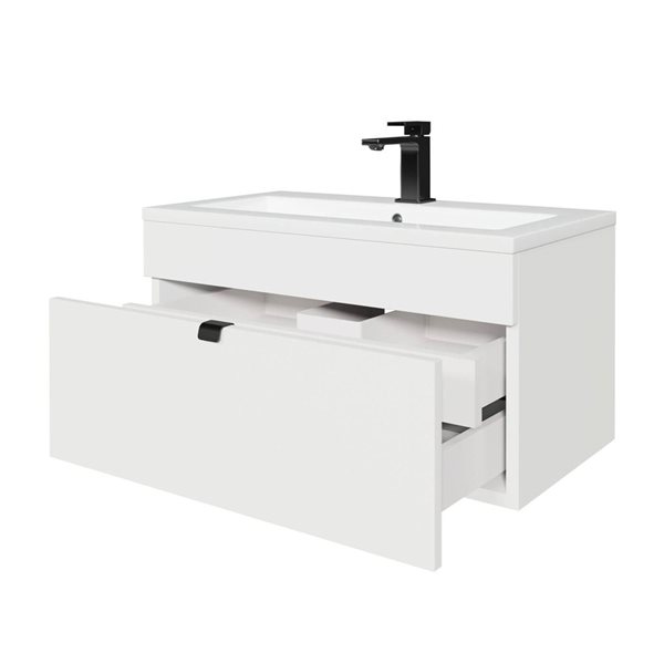 Loft 30 in. W x 16 in. D x 15 in. H Wall Mount Single Sink Bathroom Vanity in White with Black Handle