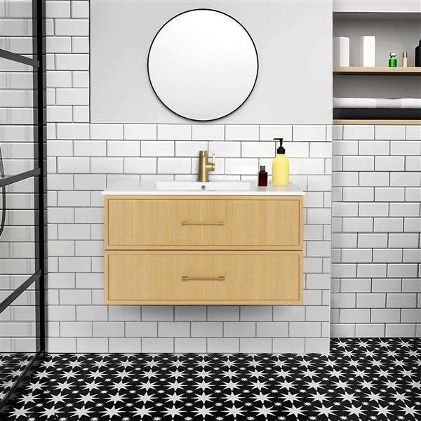 Cassidy 36 in. W x 18 in. D x 20 in. H Single Sink Wall Mounted Bath Vanity in Natura with Gold Handle