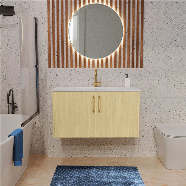 Bekka 36 in. W x 18 in. D x 20 in. H Wall Mount Single Sink Bathroom Vanity in Lago with Gold Handles