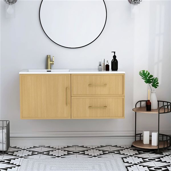 Razza 42 in. W x 18 in. D x 20 in. H Single Sink Wall Mounted Bath Vanity in Natura with Gold Handle