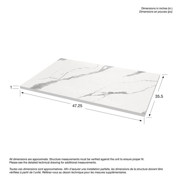 MAAX Stonea Solid Surface Universal Shower Base w/ End Drain 48 x 36-in - White Marble