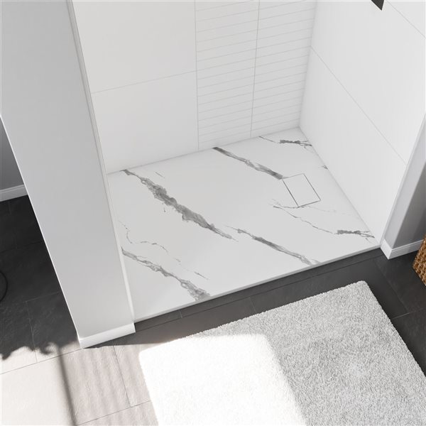 MAAX Stonea Solid Surface Universal Shower Base w/ End Drain 48 x 36-in - White Marble