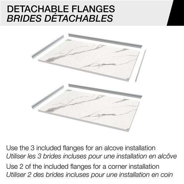 MAAX Stonea Solid Surface Universal Shower Base w/ End Drain 48 x 36-in - White Marble