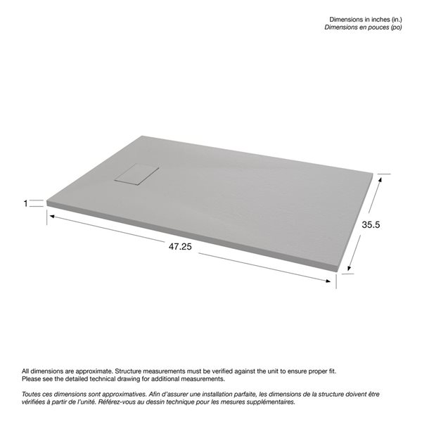 MAAX Stonea Solid Surface Universal Shower Base w/ End Drain 48 x 36-in - Grey