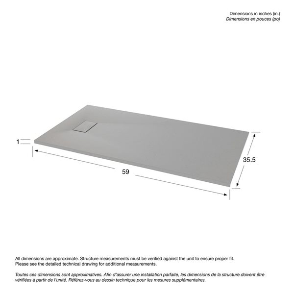 MAAX Stonea Solid Surface Universal Shower Base w/ End Drain 60 x 36-in - Grey