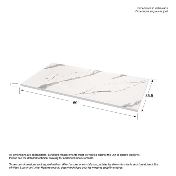 MAAX Stonea Solid Surface Universal Shower Base w/ End Drain 60 x 36-in - White Marble