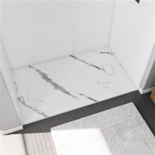 MAAX Stonea Solid Surface Universal Shower Base w/ End Drain 60 x 36-in - White Marble