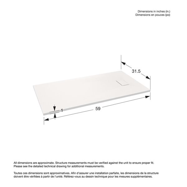 MAAX Stonea Solid Surface Universal Shower Base w/ End Drain 60 x 32-in - White