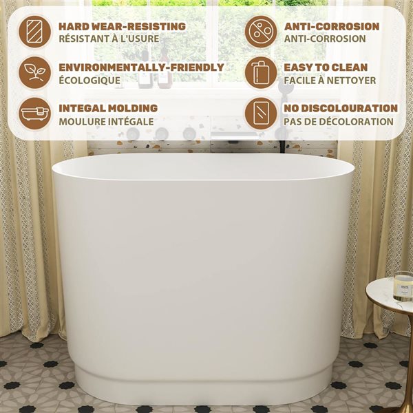 CASAINC Freestanding Solid Surface Soaking Bathtub w/ Built-in Seat and Centre Chrome Drain - Matte White