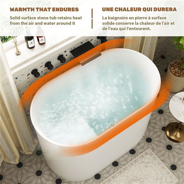 CASAINC Freestanding Solid Surface Soaking Bathtub w/ Built-in Seat and Centre Chrome Drain - Matte White