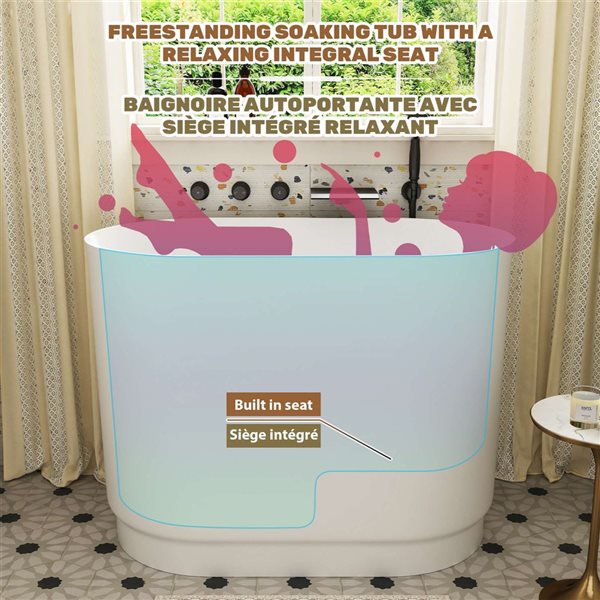 CASAINC Freestanding Solid Surface Soaking Bathtub w/ Built-in Seat and Centre Chrome Drain - Matte White