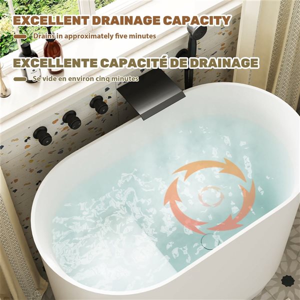 CASAINC Freestanding Solid Surface Soaking Bathtub w/ Built-in Seat and Centre Chrome Drain - Matte White