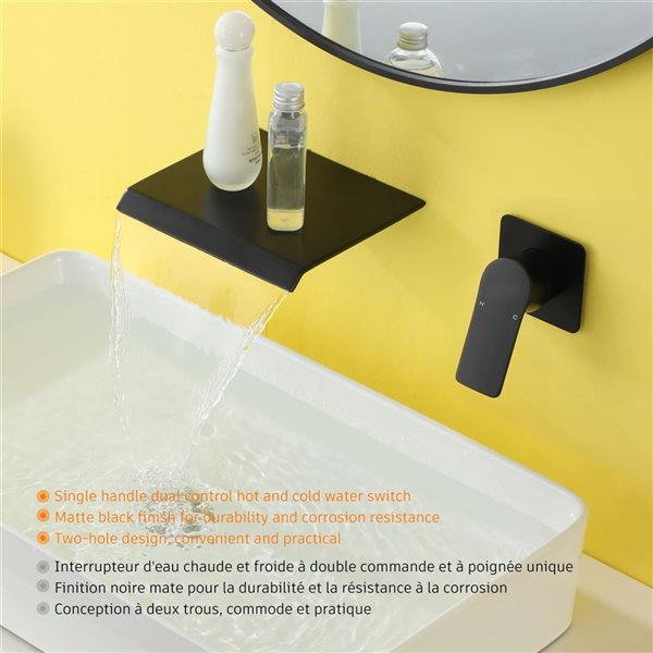 CASAINC 1-Handle Waterfall Bathroom Sink Faucet - Solid Brass - Matte Black
