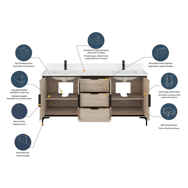 Spa Bathe Theo 72-in Jacobean Double Vanity with White with Grey Specks Engineered Stone Top