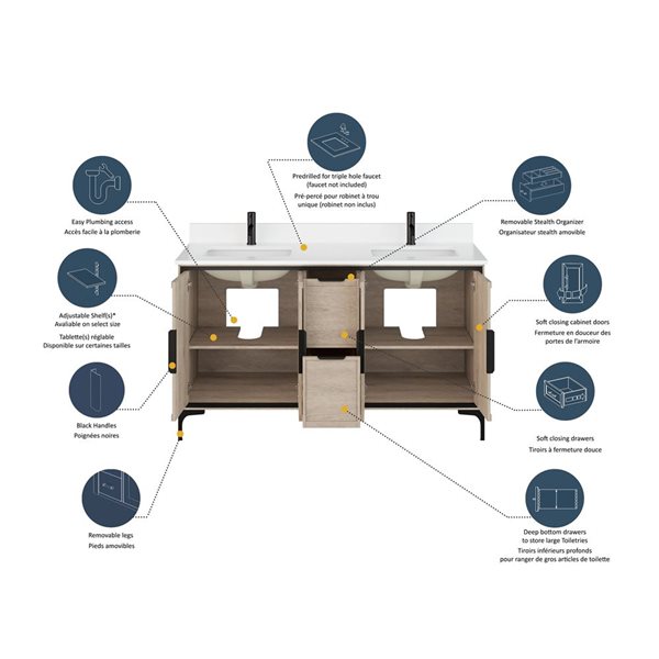 Spa Bathe Theo 60-in Jacobean Double Vanity with White with Grey Specks Engineered Stone Top