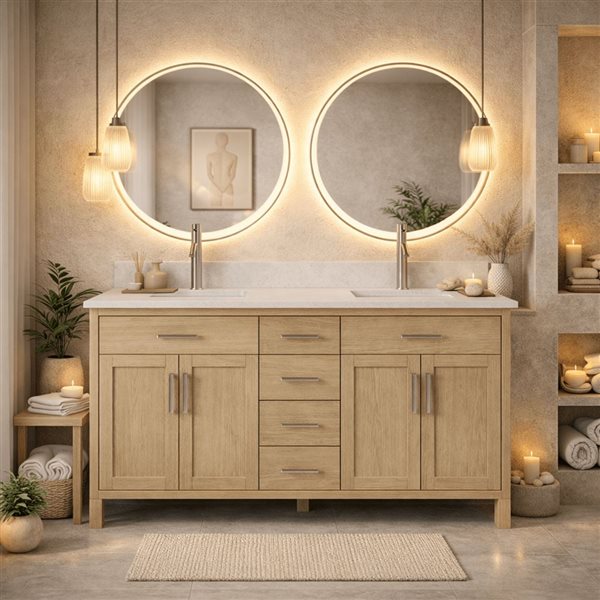 Spa Bathe Kate II 60-in Weathered Oak Double Vanity with White with Grey Specks Engineered Stone Top